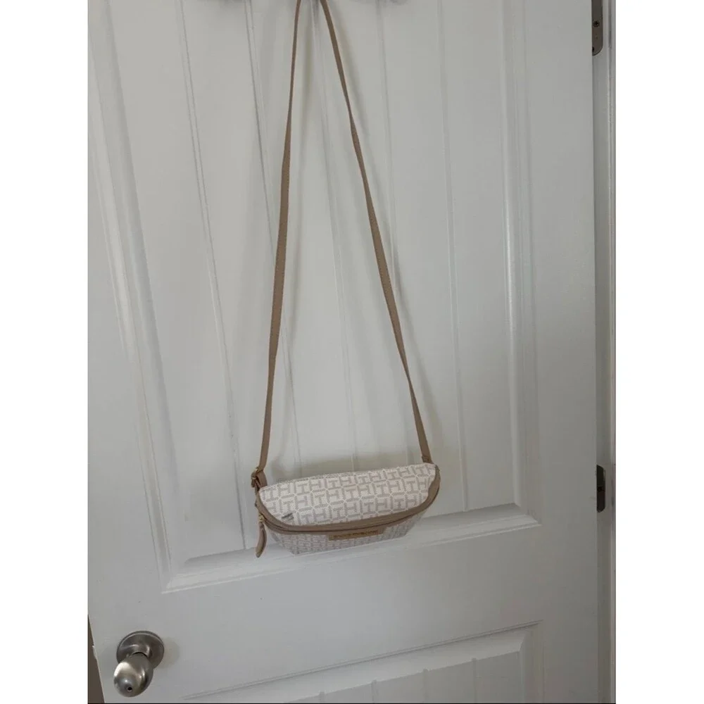 Tommy Hilfiger Beige Monogram Laptop Crossbody Bag